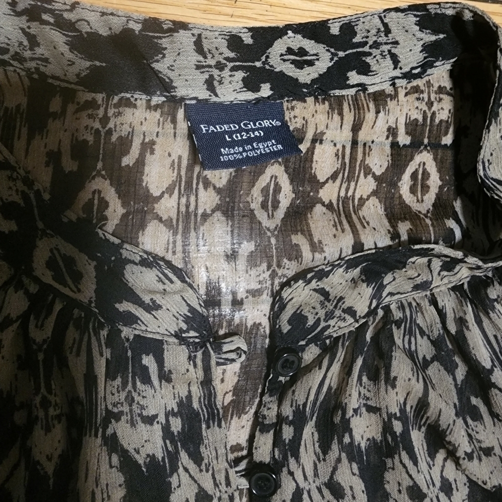 Faded Glory L (12-14) Black Combo Ikat Print Peasant Blouse Tunic Top - Picture 10 of 15